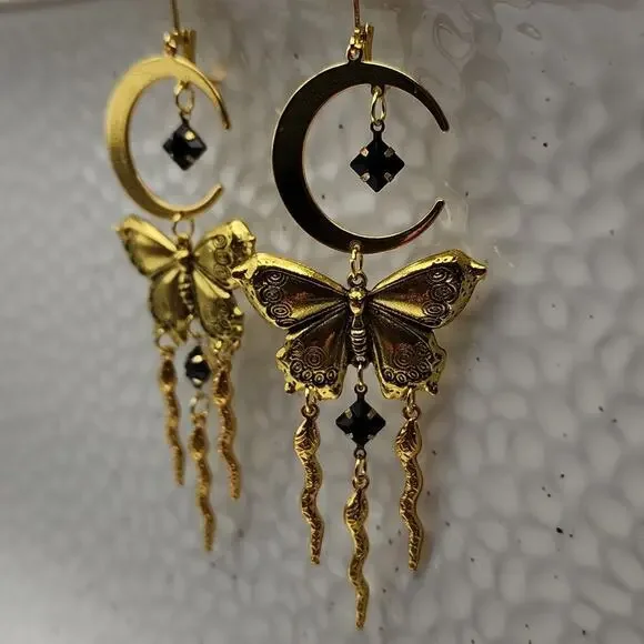 Gold Butterfly Onyx Stone Dangle Earrings - Picture 5 of 5